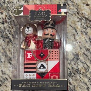 FAO Schwarz Festive Glass Ornament with Bear and Nutcracker